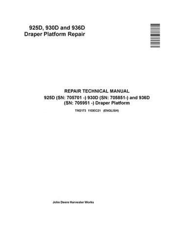 Download John Deere 925D 930D 936D Draper Platform TM2173 Repair Technical Manual