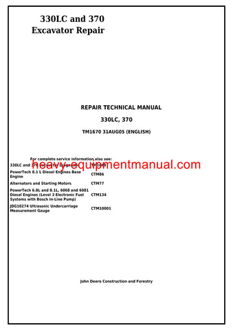 John Deere 330LC 370 Excavator Technical Service Repair Manual TM1670