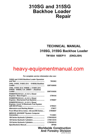 John Deere 310SG 315SG Backhoe, Side Shift Loader Technical Service Repair Manual TM1884