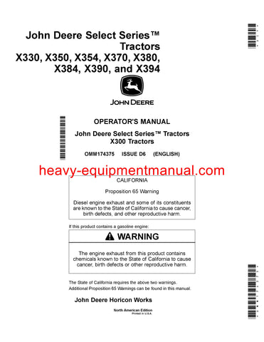 John Deere X350 Tractor Operator's Manual OMM174375
