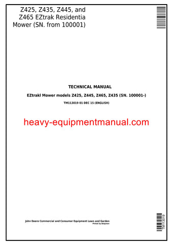 John Deere Z425 Z435 Z445 Z465 EZtrak Residential Mower Technical Service Repair Manual TM113019