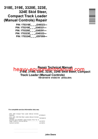 John Deere 318E 319E 320E 323E Skid Steer & Compact Track Loader Technical Service Repair Manual TM13010X19