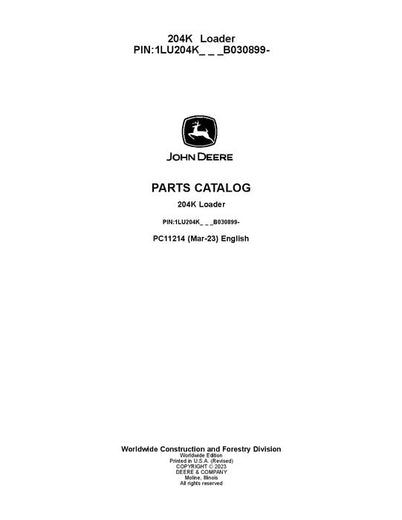 John Deere 204K K Series Loader Parts Manual PC11214