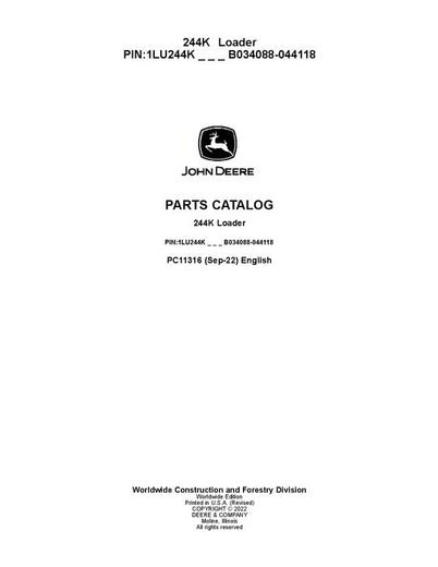 John Deere 244K K Series Loader Parts Manual PC11316