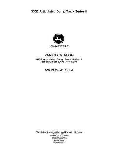 John Deere 350D D Series II Articulated Dump Truck Parts Manual PC10132