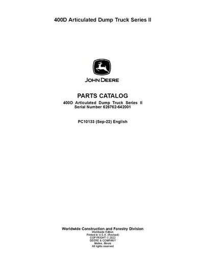 John Deere 400D D Series Articulated Dump Truck Parts Manual PC10133