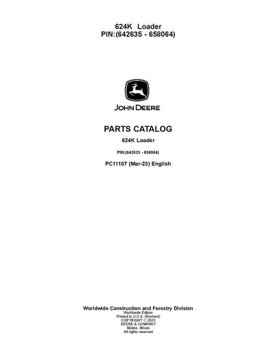 John Deere 624K K Series Loader Parts Manual PC11107