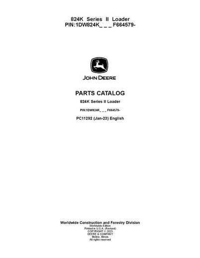 John Deere 824K Series I K Series Loader Parts Manual PC11292 