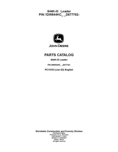 John Deere 844K Series III K Series Loader Parts Manual PC15103