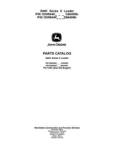 John Deere 844K Series II K Series Loader Parts Manual PC11293