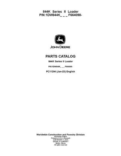 John Deere 844K Series II K Series Loader Parts Manual PC11294