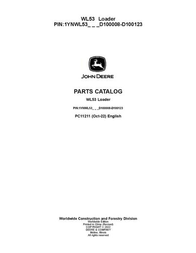 John Deere WL53 L Series Loader Parts Manual PC11211