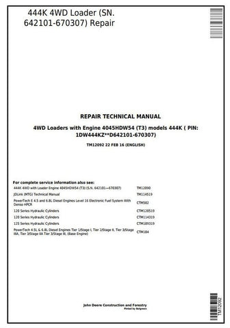 John Deere 444K 4WD Wheel Loader Engine 4045HDW54 (T3) Service Repair Technical Manual TM12092