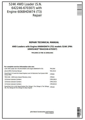 John Deere 524K, 4WD Wheel Loader Engine 6068HDW74 (T3) Service Repair Technical Manual TM12096