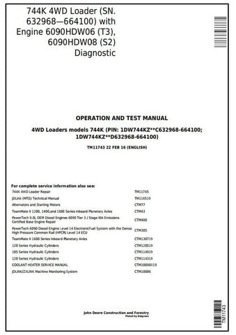 John Deere 744K, 4WD Wheel Loader Operation & Test Service Manual TM11743