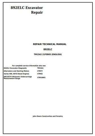 John Deere 892ELC Excavator Technical Service Repair Manual tm1542