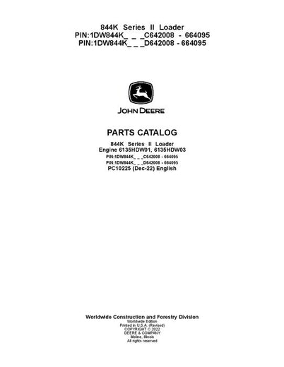 John Deere 844K K Series Loader Parts Manual PC10225